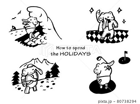 休日の過ごし方 ゾウのキャラクターがサーフィン ダンス 山登り ゴルフを楽しむベクターイラストのイラスト素材