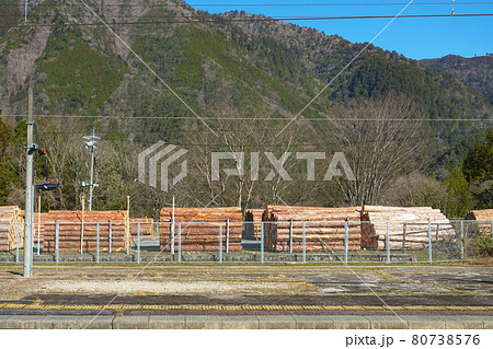 野尻駅周辺に山と積まれた材木や丸太 (長野県木曽郡大桑村野尻) 野尻駅周辺に山と積まれた材木や丸太 (長野県木曽郡大桑村野尻) 80738576