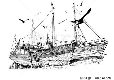 Drawing of two old abandoned fishing boats in low tide, Brittany, France. Drawing of two old abandoned fishing boats in low tide, Brittany, France. 80738726