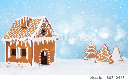 Christmas greeting card with gingerbread house Christmas greeting card with gingerbread house 80740443