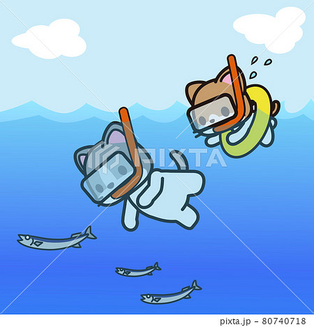 シュノーケリングで魚を追いかける猫のイラスト素材