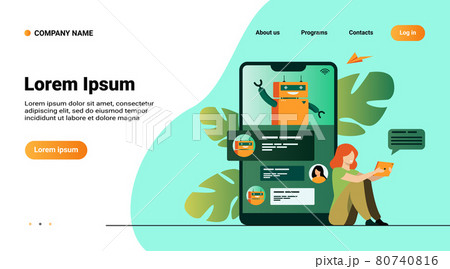 Tiny woman using mobile assistant with chatbot Tiny woman using mobile assistant with chatbot 80740816