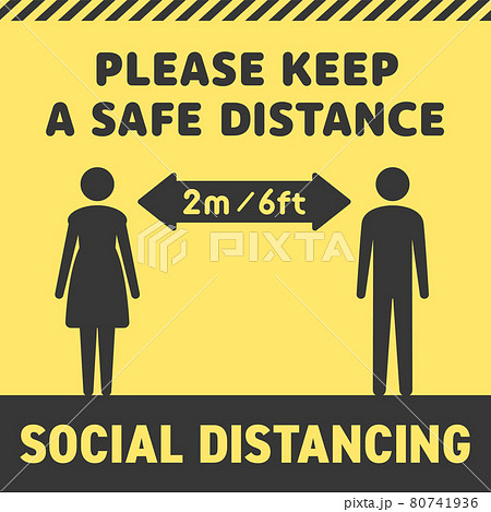 ソーシャルディスタンスのピクトグラムとテキスト 黄色 英語版 2m 6ft 離れた男女のアイコンのイラスト素材