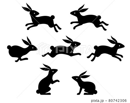 細身のウサギのシルエットイラストセット 走る 立つ 座る のイラスト素材