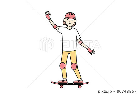 スケートボードに乗って手を振る女の子のイラスト素材