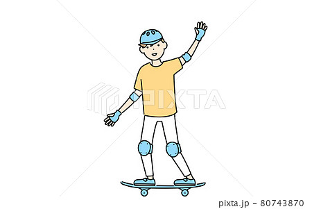 スケートボードに乗って手を振る男の子のイラスト素材