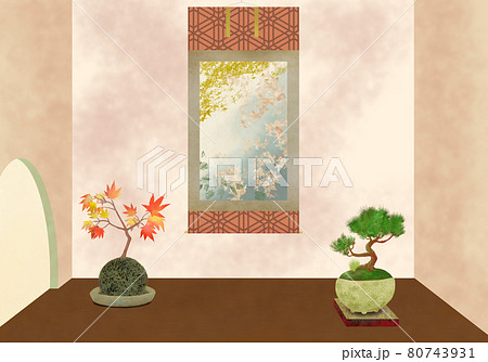 掛軸、松の盆栽とモミジ苔玉の和モダンな床の間飾り背景イラスト薄紅系