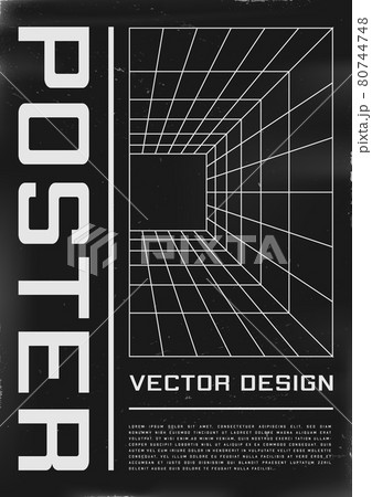 Retrofuturistic poster design with perspective grid tunnel. Cyberpunk 80s style poster with perspective laser tunnel. Shabby scratched flyer template for your design. Vector 80744748