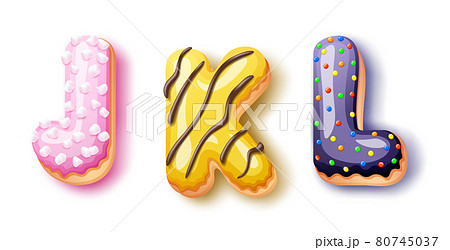 Donut icing upper latters - JKL Font of donuts. Bakery sweet alphabet. Donut alphabet latter DEF isolated on white background, vector illustration Donut icing upper latters - JKL Font of donuts. Bakery sweet alphabet. Donut alphabet latter DEF isolated on white background, vector illustration 80745037