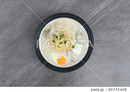 rice gruel, rice porridge or congee with pork liver and egg rice gruel, rice porridge or congee with pork liver and egg 80745408