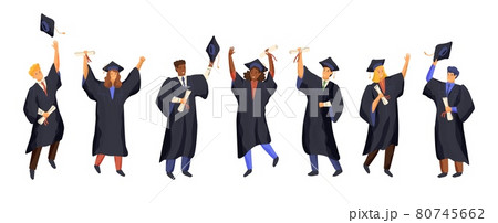 Group of graduate students wearing gown and graduation cap. University students hold diploma and celebrate graduation day. People isolated, vector illustration. College ceremony, academic degree 80745662