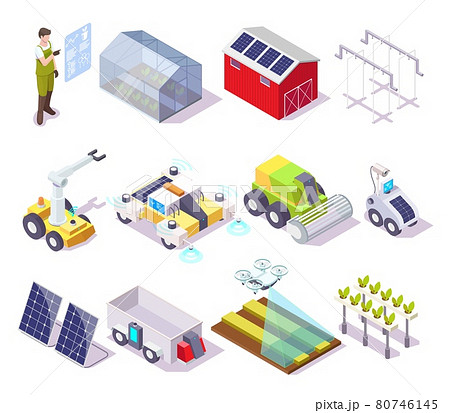 Smart farm, vector isometric icon set. Farmer, drone, greenhouse, solar panel, agricultural robotics automated equipment 80746145