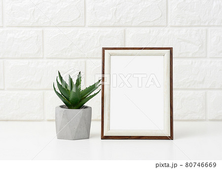 empty white wooden photo frame and flowerpots with plants on white table 80746669