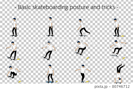 スケボー（スケートボード）の基本姿勢とトリック 80746712