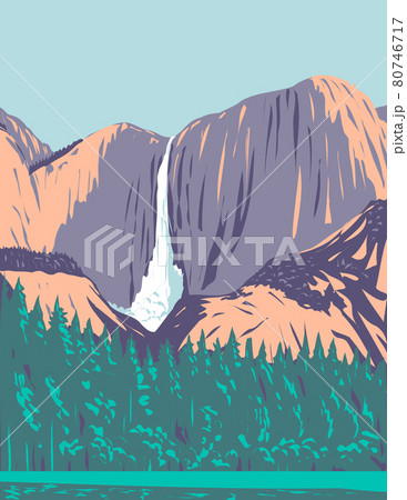 Yosemite Falls the Highest Waterfall in Yosemite National Park Located in the Sierra Nevada California USA WPA Poster Art 80746717