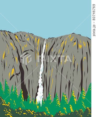 Ribbon Falls Flowing Off a Cliff on the West Side of El Capitan Within Yosemite National Park California USA WPA Poster Art 80746769