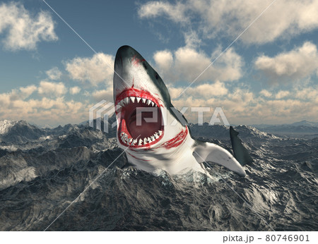 Great white shark leaping out of the stormy sea 80746901