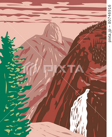 Illilouette Falls with Half Dome on the Illilouette Creek Tributary of Merced River Within Yosemite National Park California USA WPA Poster Art Illilouette Falls with Half Dome on the Illilouette Creek Tributary of Merced River Within Yosemite National Park California USA WPA Poster Art 80746916