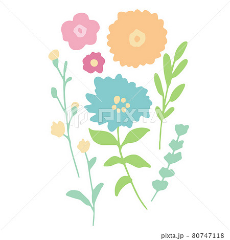 手書きタッチの草木と花 草木と花のベクターイラスト 花柄刺繍のワンポイント のイラスト素材