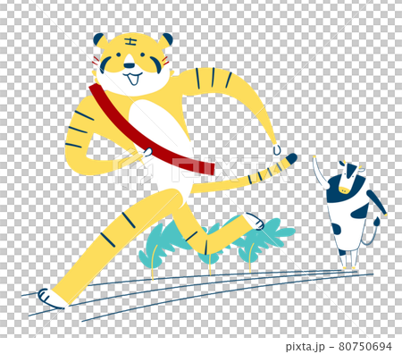 2022 New Year's card A tiger runner running energetically while being seen off by a cow Illustration material 2022 New Year's card A tiger runner running energetically while being seen off by a cow Illustration material 80750694