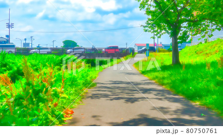 川沿いの遊歩道 アニメ風加工のイラスト素材