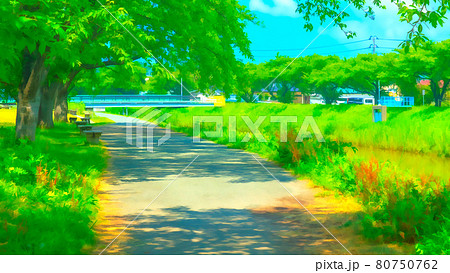 川沿いの遊歩道 アニメ風加工のイラスト素材