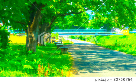 川沿いの遊歩道 アニメ風加工のイラスト素材