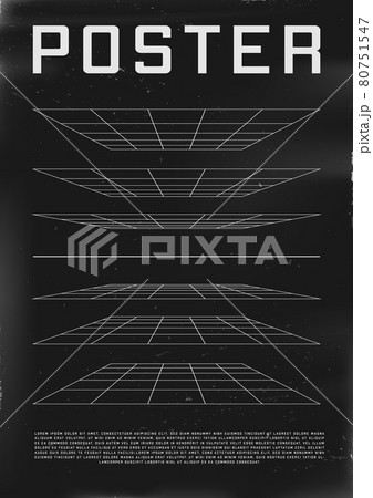 Retrofuturistic poster design with perspective grids. Cyberpunk 80s style poster with perspective layers. Shabby scratched flyer template for your design. Vector 80751547