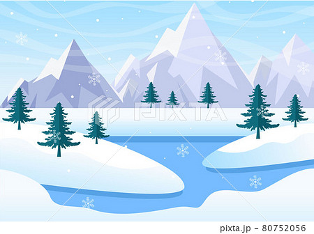 Christmas Winter Landscape and New Year Background Vector Illustration With a View Of Falling White Snow, Trees, Mountains In Flat Style Design 80752056