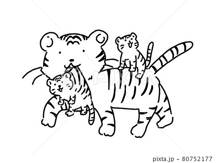 子供をくわえて歩く虎の親子手描き風イラスト白黒のイラスト素材