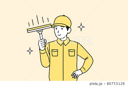 清掃業者　クリーニングスタッフ　ビルメン　スクイージーで磨く男性　ワイパー　イラスト素材 80753126