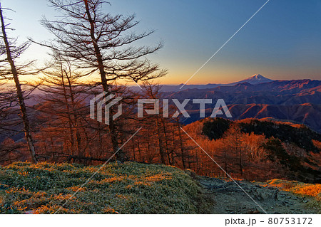 雲取山稜線から見る夜明けの富士山 80753172