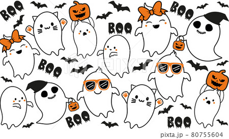Cute ghost Collection with Pumpkin and Bat. Halloween hand drawn on t-shirt design, greeting card or poster design Background Vector Illustration.. 80755604