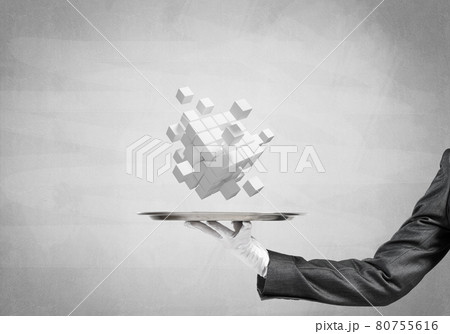 Hand of waiter presenting cubes on tray. 80755616