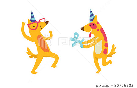 Cute Doggy Character in Birthday Hat Celebrating Holiday Vector Set 80756202