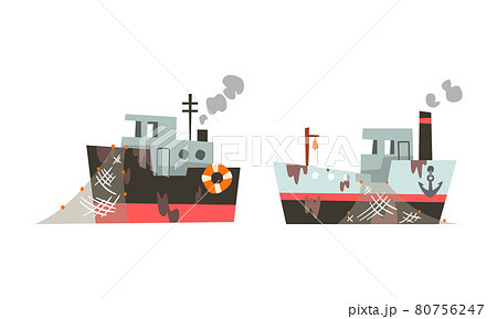 Fishing Vessel or Boat with Net and Steaming Funnel for Catching Fish in the Sea Vector Set 80756247