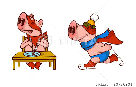 Pink Pig in Red Superhero Cloak and Mask Ice Skating and at Table Ready to Eat Vector Set Pink Pig in Red Superhero Cloak and Mask Ice Skating and at Table Ready to Eat Vector Set 80756301