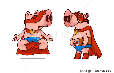 Pink Pig in Red Superhero Cloak and Mask Levitating in Lotus Pose and Walking Vector Set Pink Pig in Red Superhero Cloak and Mask Levitating in Lotus Pose and Walking Vector Set 80756335