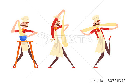 Moustached Male Pizzaiolo in Apron and Toque Preparing Italian Pizza Kneading and Tossing Dough Vector Set Moustached Male Pizzaiolo in Apron and Toque Preparing Italian Pizza Kneading and Tossing Dough Vector Set 80756342