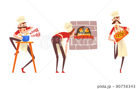 Moustached Male Pizzaiolo in Apron and Toque Preparing Italian Pizza Whisking Dough and Smelling Vector Set Moustached Male Pizzaiolo in Apron and Toque Preparing Italian Pizza Whisking Dough and Smelling Vector Set 80756343
