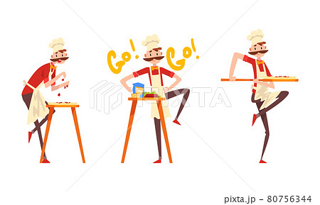 Moustached Male Pizzaiolo in Apron and Toque Preparing Italian Pizza Kneading Dough and Topping with Ingredients Vector Set Moustached Male Pizzaiolo in Apron and Toque Preparing Italian Pizza Kneading Dough and Topping with Ingredients Vector Set 80756344