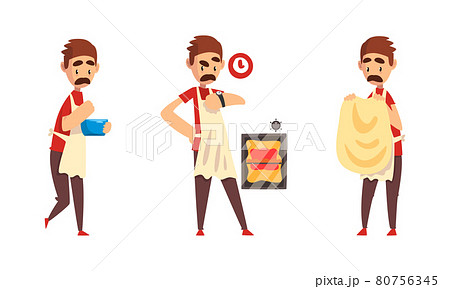 Moustached Male Pizza Maker in Apron Preparing Italian Pizza Kneading and Forming Dough Vector Set Moustached Male Pizza Maker in Apron Preparing Italian Pizza Kneading and Forming Dough Vector Set 80756345