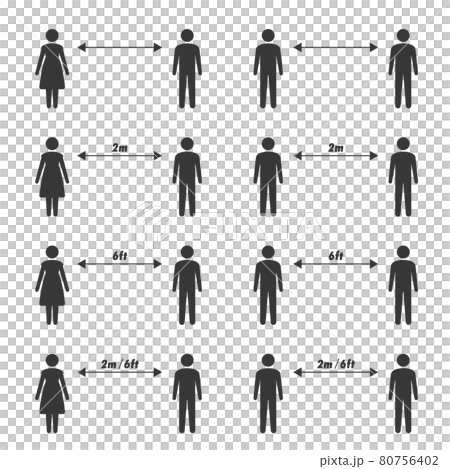 Set of social distance pictograms: 2m 6ft separated male and female icons and arrows Set of social distance pictograms: 2m 6ft separated male and female icons and arrows 80756402