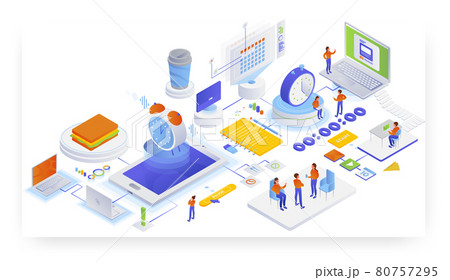 Working time tracking app. Workload management, flat vector isometric illustration. 80757295