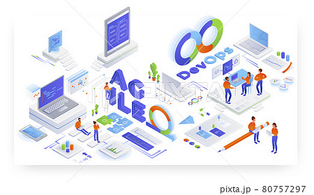 Devops and Agile software development, teamwork, vector isometric illustration. Devops and Agile software development, teamwork, vector isometric illustration. 80757297