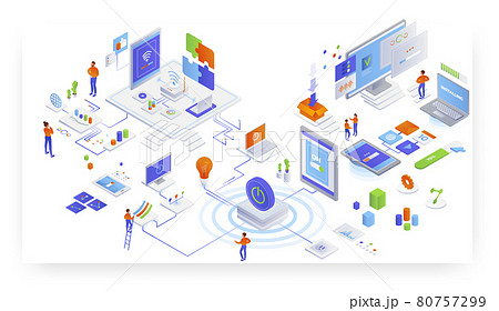 IT service delivery, cdn. Software program, app installation. Wireless network technology, vector isometric illustration 80757299