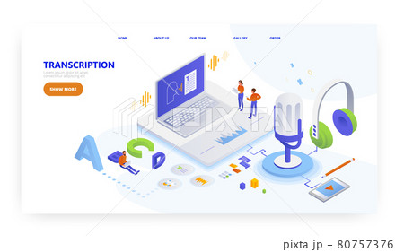 Audio transcription, landing page design, website banner vector template. Automatic speech recognition. Audio transcription, landing page design, website banner vector template. Automatic speech recognition. 80757376