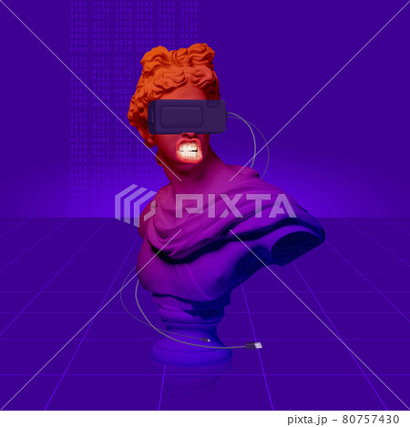Contemporary art collage. Image of ancient greek statue with binary code in VR glasses on dark purple background. Contemporary art collage. Image of ancient greek statue with binary code in VR glasses on dark purple background. 80757430