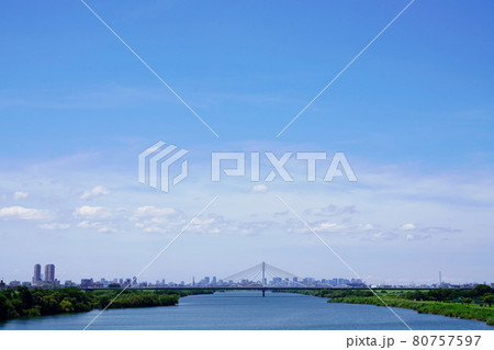 大阪 枚方 枚方大橋から鳥飼仁和寺大橋と大阪市ビル群(上流方向、夏) 大阪 枚方 枚方大橋から鳥飼仁和寺大橋と大阪市ビル群(上流方向、夏) 80757597