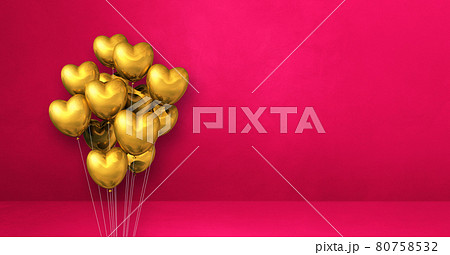 Gold heart shape balloons bunch on a pink wall background. Horizontal banner. Gold heart shape balloons bunch on a pink wall background. Horizontal banner. 80758532